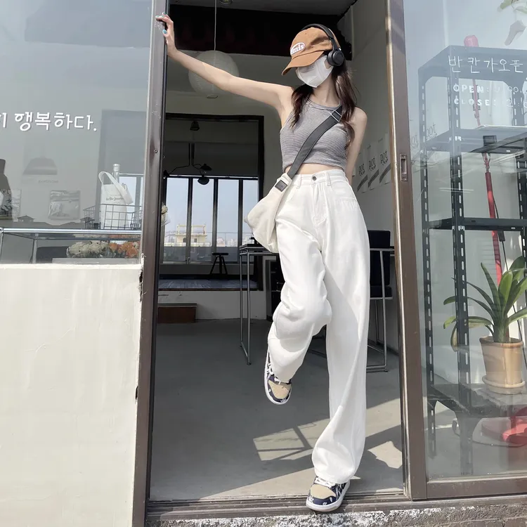 2025早秋新款白色拖地阔腿裤高腰垂感牛仔裤老爹柔软小个子直筒裤