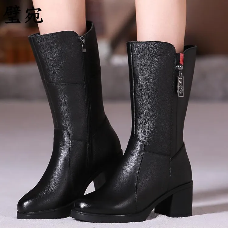中筒靴女妈妈棉鞋保暖加绒大码粗跟高跟真皮长筒靴子女士皮鞋冬季