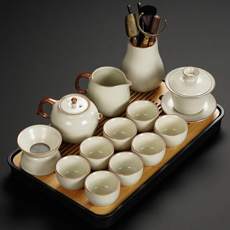 黄汝窑功夫茶具套装茶盘青瓷陶瓷盖碗喝茶茶壶茶盘高档功夫泡茶器