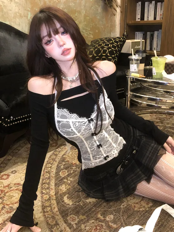 南理香娇欲芭蕾 一字肩蕾丝辣妹T恤女初秋长袖显瘦束腰打底上衣