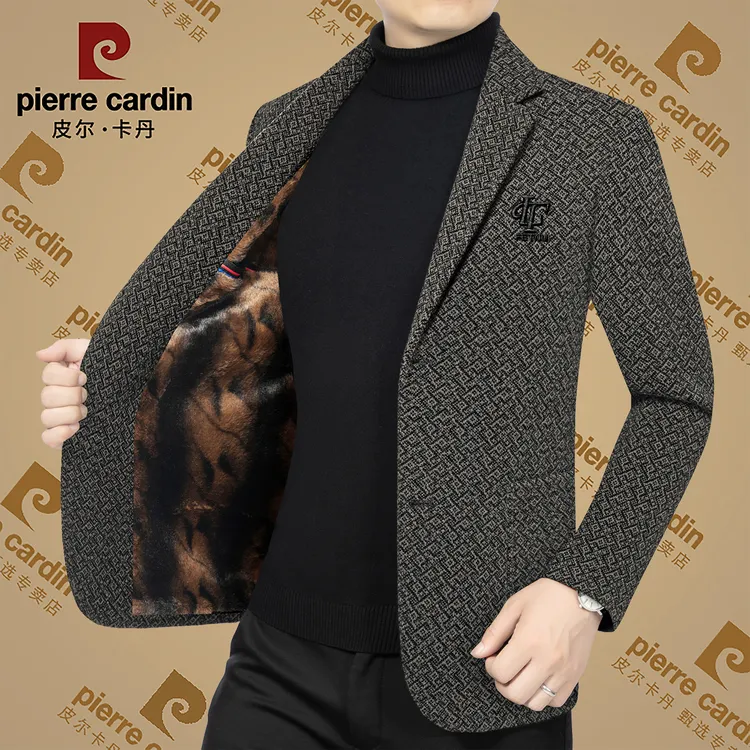 皮尔卡丹秋冬季新款高档男士休闲加绒呢子西服中年修身保暖西装男