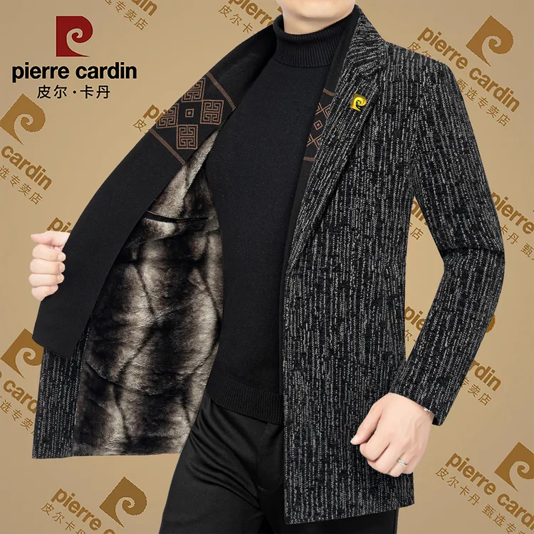 皮尔卡丹冬季爆款高档男士西装领毛呢大衣加绒加厚保暖西服男装