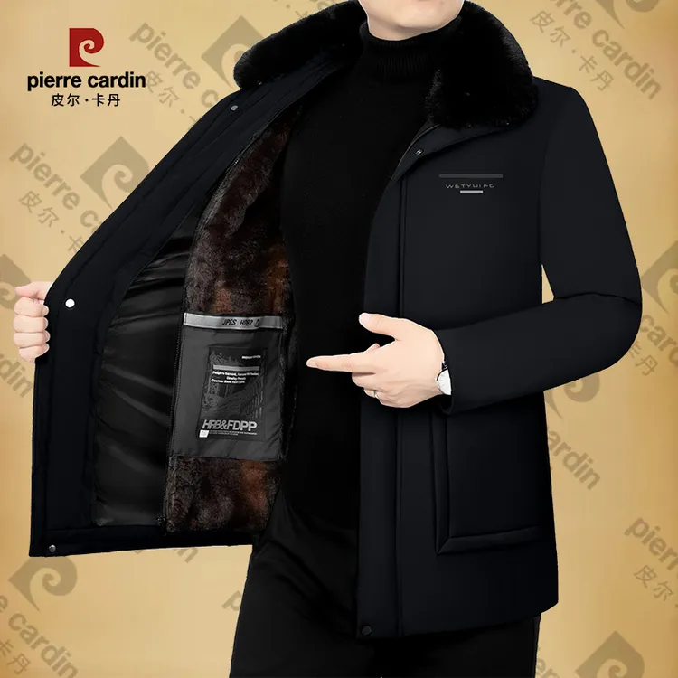 皮尔卡丹男士毛领可脱卸内胆冬季保暖加绒加厚外套商务男装棉袄暖