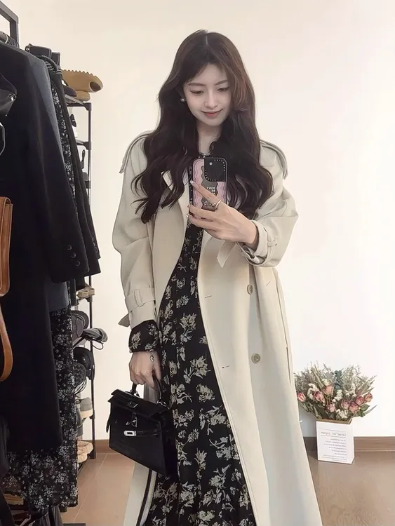 白色风衣外套女小个子2025年新款春秋季中长款今年流行休闲英伦风