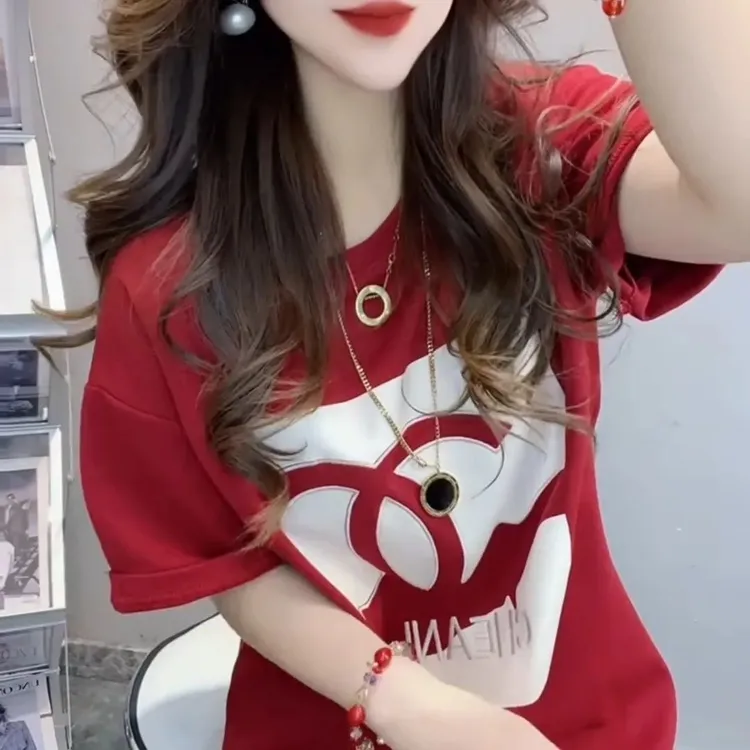 新年印花拼接圆领短袖T恤小众冬装网红红色立体装饰百搭显瘦