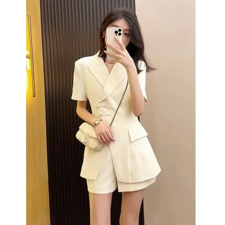 0123大码时尚小个子高级感西装套装女夏装胖mm遮肚藏肉两件套