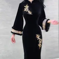 LHMknk1活动画报夫人原创自制高级刺绣真水貂领旗袍金竹倒大袖