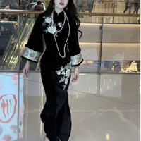 LHMknk1活动画报夫人原创自制新中式丝绒刺绣旗袍洛神牡丹倒大袖