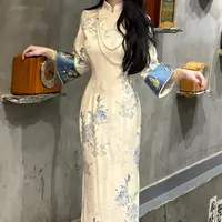 LHMknk1活动画报夫人原创自制针织提花新中式刺绣连衣裙 蓝花瓷