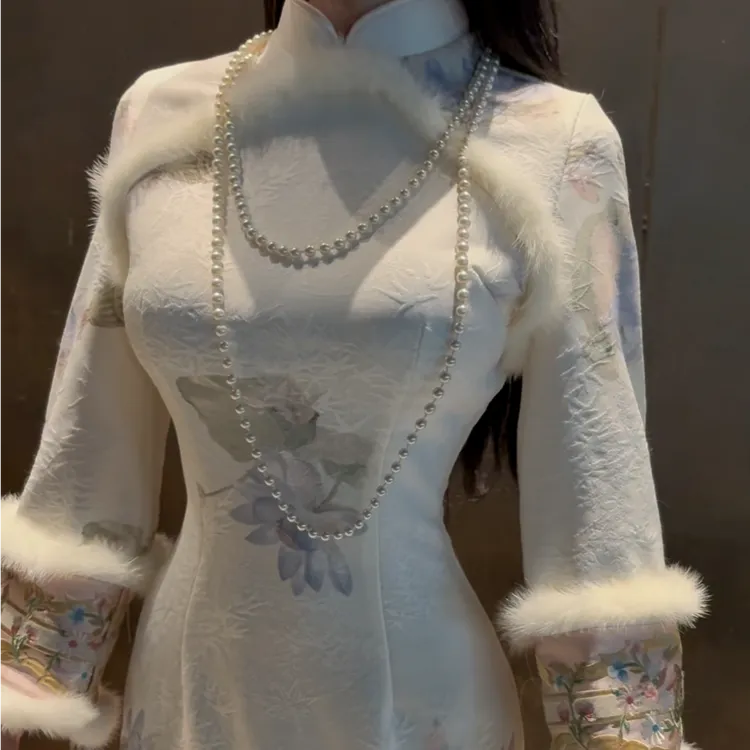 LHMknk1画报夫人原创自制秋冬刺绣旗袍连衣裙厚款陌上花开倒大袖