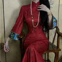 LHMknk1活动画报夫人原创自制竹叶提花旗袍刺绣订婚礼服女红竹女