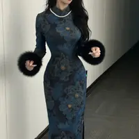 LHMknk1画报夫人原创自制秋冬厚款针织提花旗袍连衣裙 厚款兰陵王