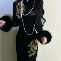 LHMknk1活动画报夫人原创自制高级刺绣龙丝绒旗袍连衣裙 长袖金龙