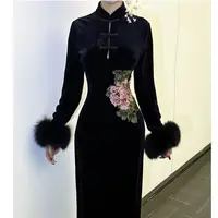 LHMknk1画报夫人原创自制国风刺绣牡丹旗袍丝绒连衣裙 腰间牡丹
