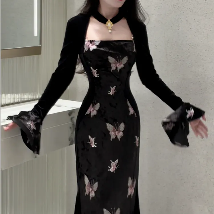 LHMknk1画报夫人原创自制温柔显瘦丝绒蝴蝶刺绣拼接连衣裙 情丝蝶