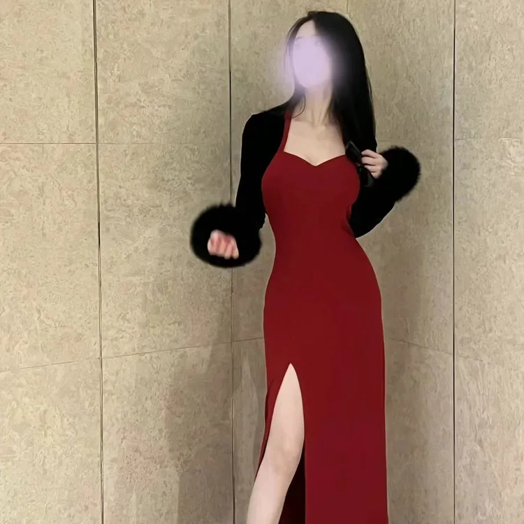 LHMknk1画报夫人原创自制 [复古红挂脖]弹力款连衣长裙侧开叉