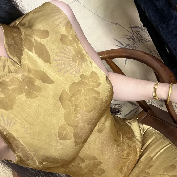 LHMknk1画报夫人原创自制新中式高级烫金旗袍港工连衣裙 俏色金