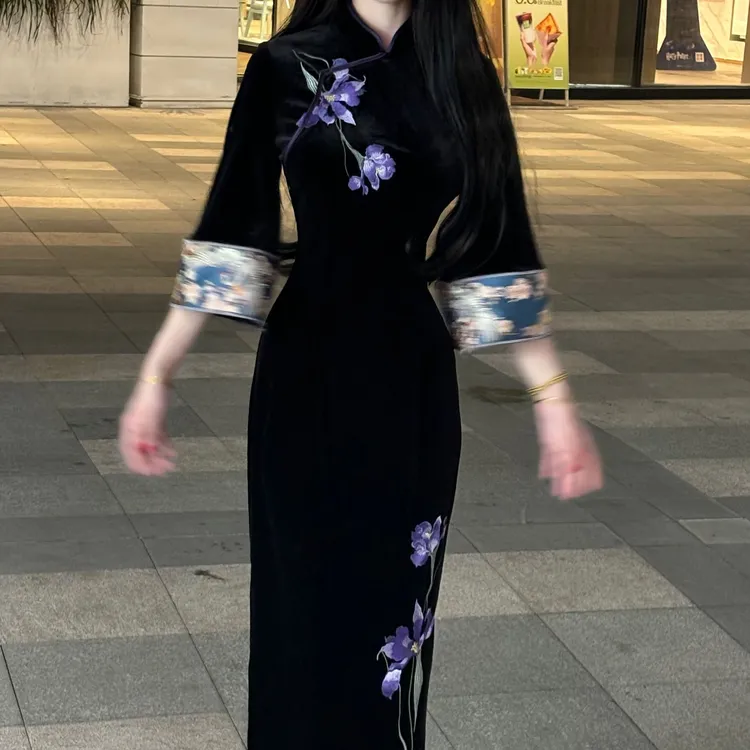 LHMknk1画报夫人原创自制高级刺绣丝绒倒大袖旗袍连衣裙 兰妃娘