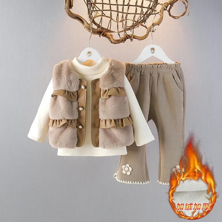 女童毛毛马甲套装秋冬新款洋气女宝宝时髦冬季加绒三件套冬装潮衣