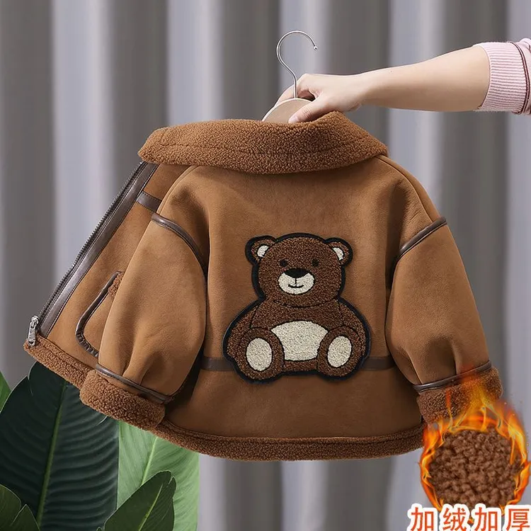 男童加绒外套秋冬款25新款儿童装皮毛一体冬季加厚男宝宝冬装上衣