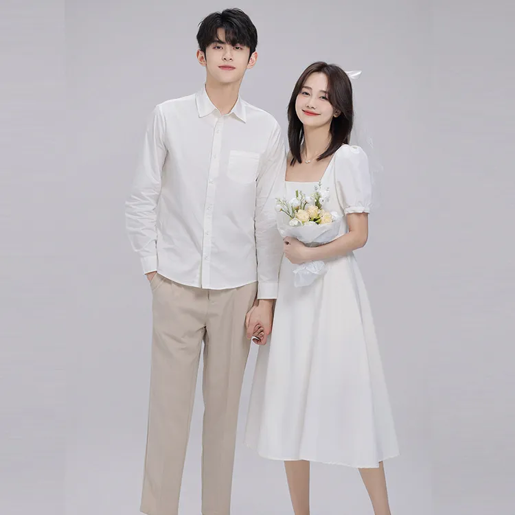 2024新款夏情侣装小白色衬衫拍结婚登记照领证衬衣服订婚一裙一衣