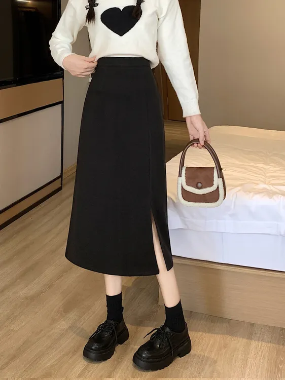 【小瑜推荐】小个子定制加绒毛呢A字版型高腰显瘦百搭前开叉半身裙