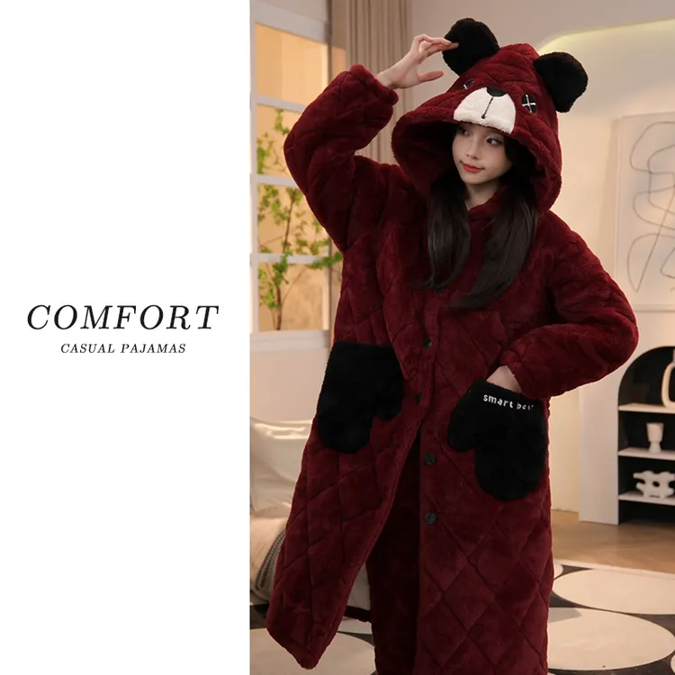 【安可拉红-新年战袍】冬日保暖三层夹棉加厚睡袍女加绒加厚睡衣