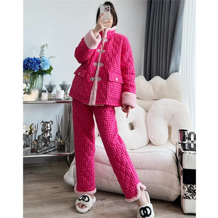 国潮中国风冬棉厚毛绒立领女睡衣玫红珊瑚绒色绒外穿家居服女士