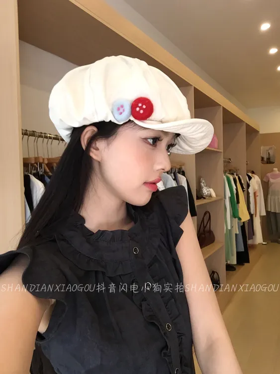 本店自制 复古日系棉麻八角帽彩色毛毡纽扣画家帽不对称设计女帽