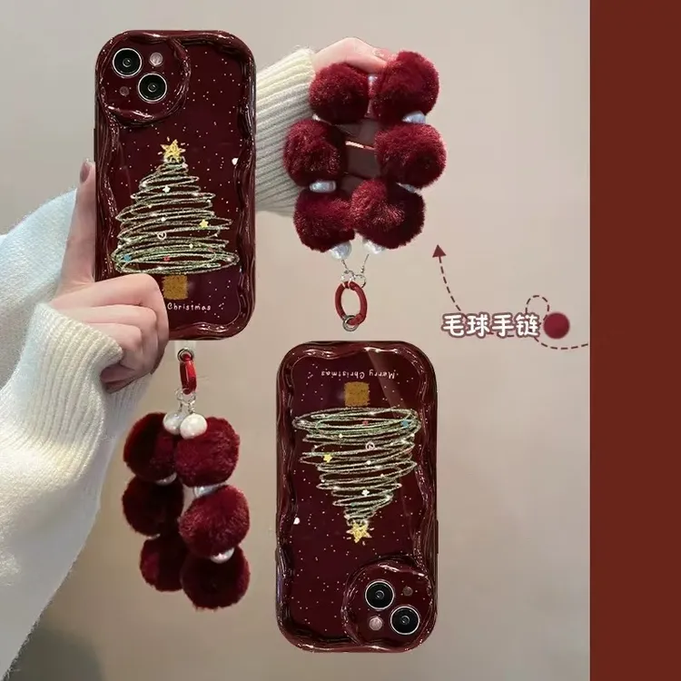 潮牌爆款酒红色曲边相框圣诞树手机壳全包精孔防摔