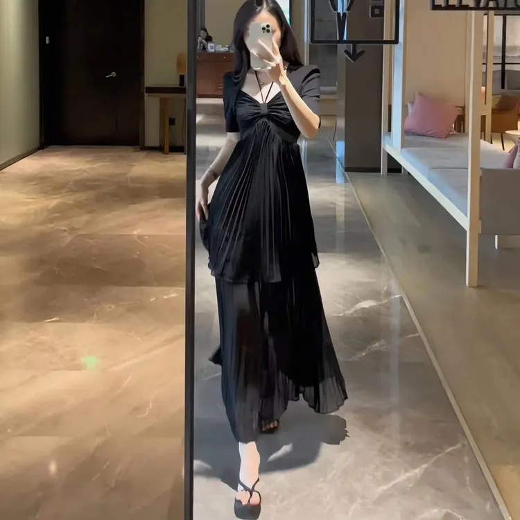 高定气质连衣裙夏季黑色显瘦修身999