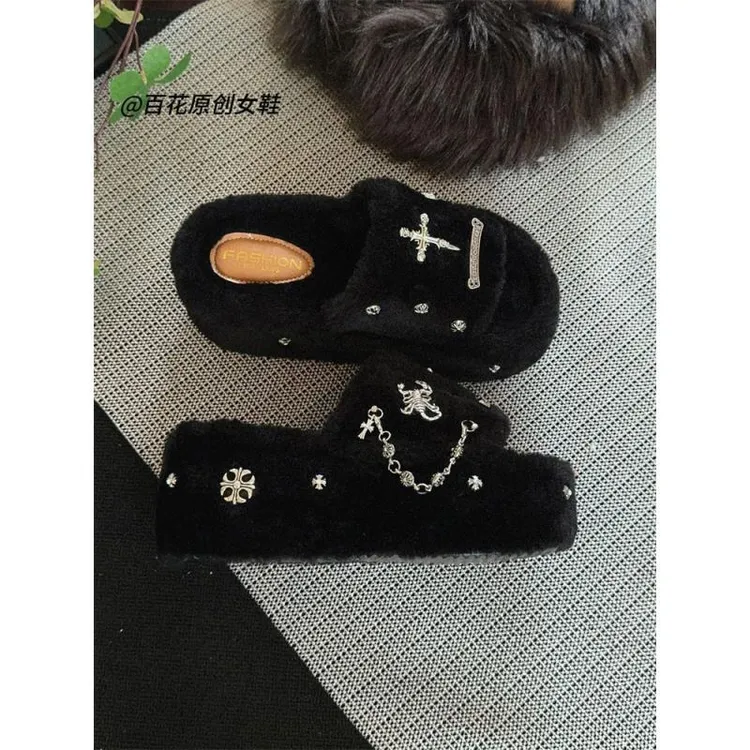 2024新款千禧朋克风厚底毛毛拖鞋女秋冬亚文化金属链条外穿一字拖