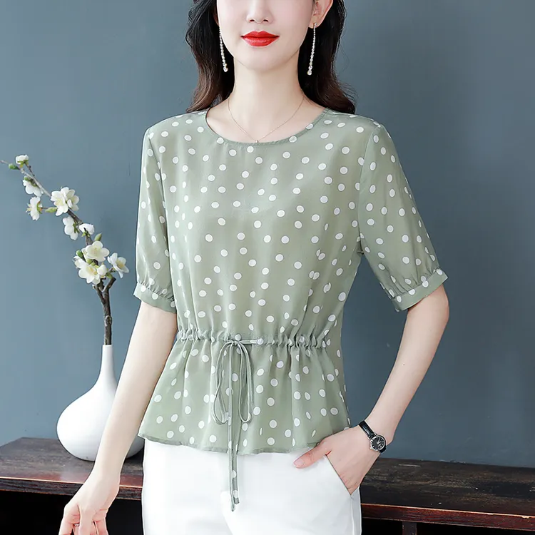 波点衬衫 女雪纺衫妈妈裙摆小衫 夏季新款洋气遮肚子显瘦时髦上衣