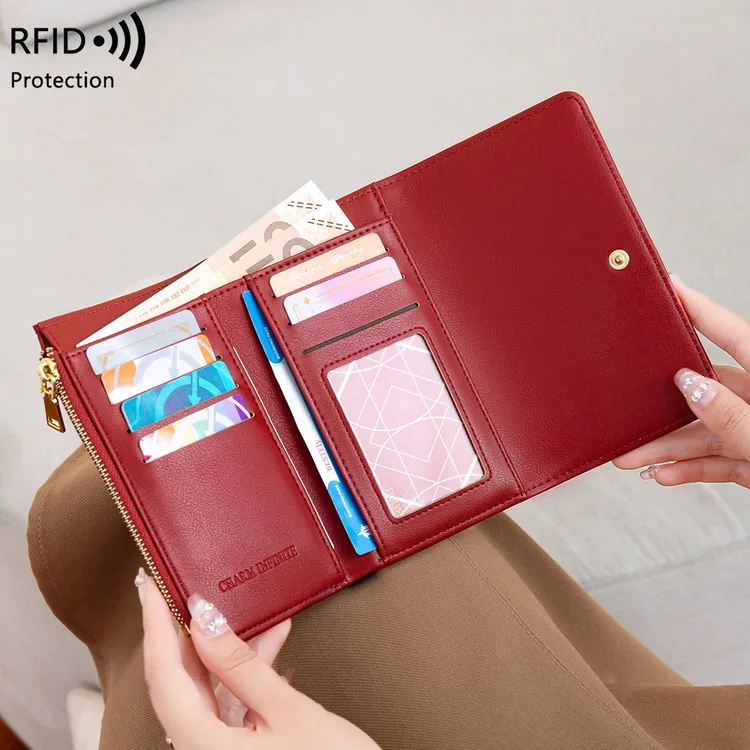 新款RFID防盗刷女士钱包欧美复古镂空钱包多功能时尚三折钱夹卡包