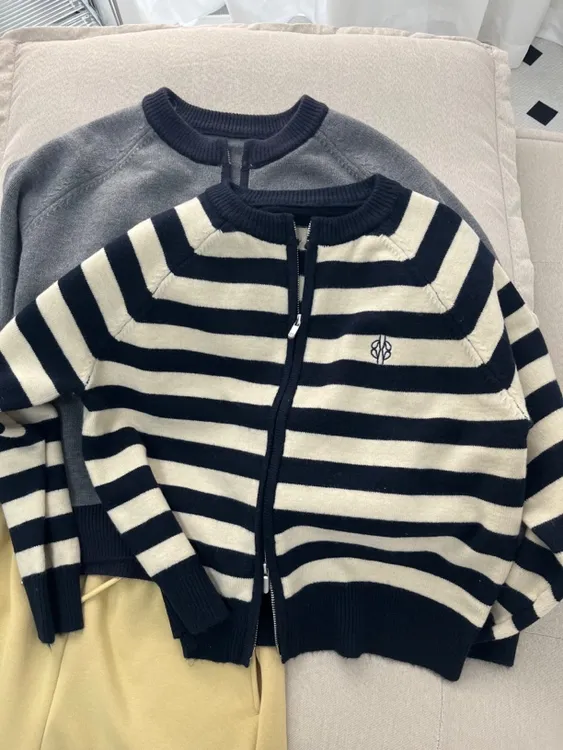 【拉链开衫毛衣】包芯纱双头拉链纯色条纹撞色抗起球毛衣休闲百搭