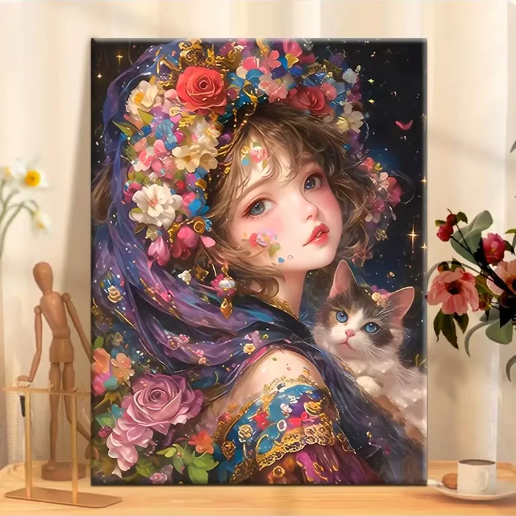 diy数字油画猫咪女孩手工填充填色油画高级感解压治愈系装饰挂画