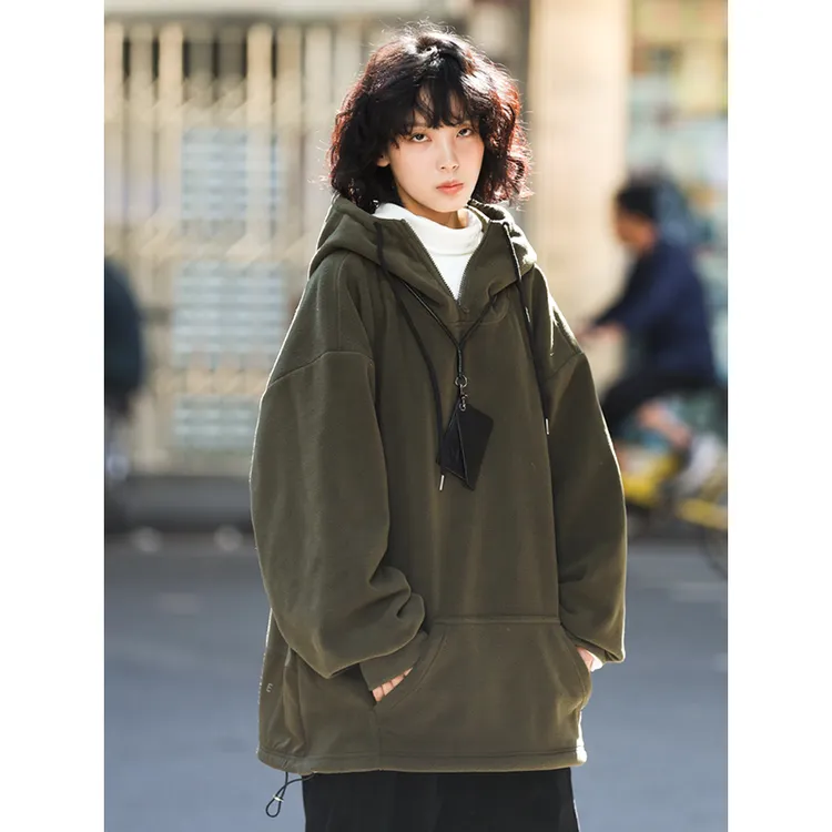 日系复古半高领加厚套头连帽卫衣男女慵懒风摇粒绒男宽松秋冬外套