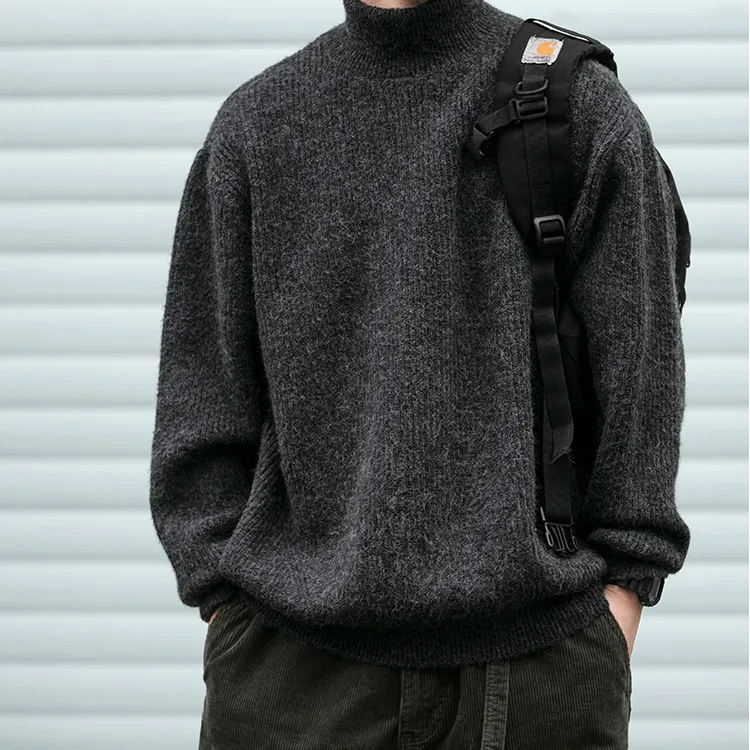 日系复古潮牌可翻高领毛衣男女秋冬新款保暖宽松毛线衣纯色针织衫