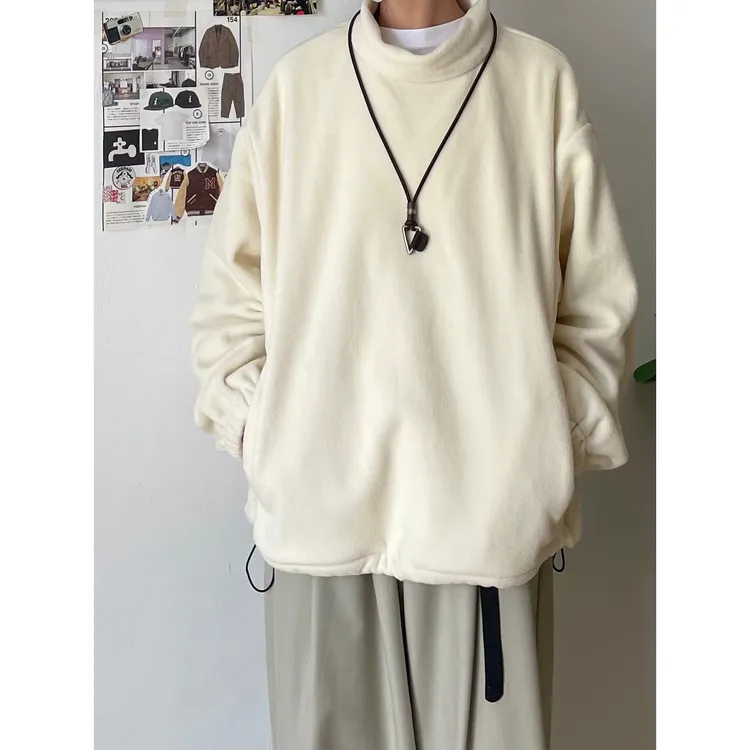 日系复古半高领摇粒绒卫衣男秋冬款纯色慵懒风宽松保暖套头打底衫