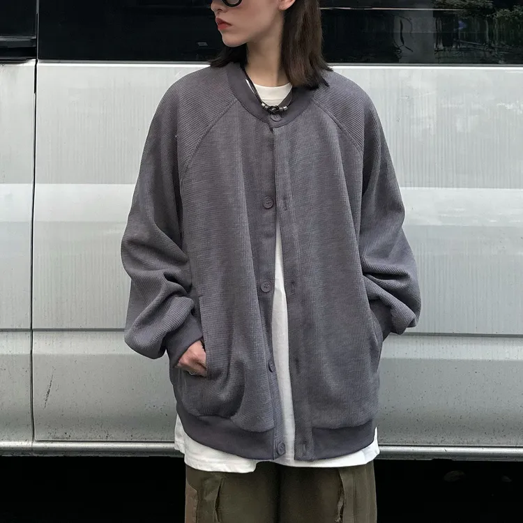 日系复古亨利领华夫格夹克开衫外套男宽松重磅开衫夹克插肩卫衣  