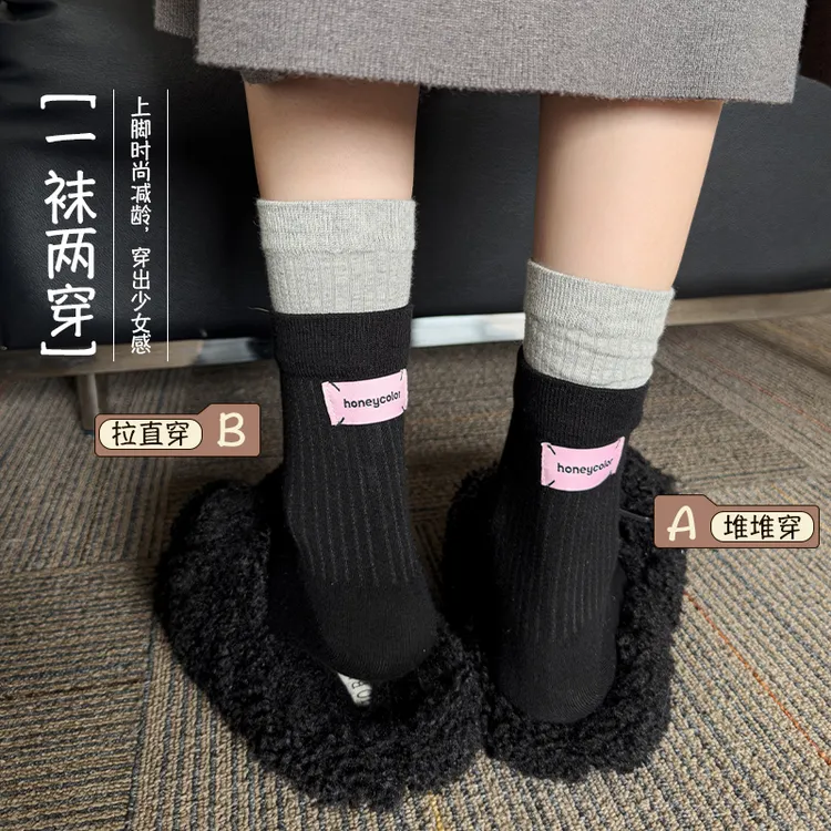 拼接布标超A穿搭少女秋冬必备中筒袜