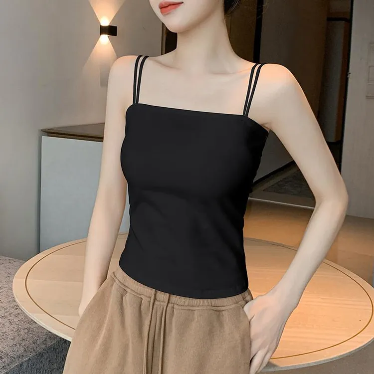 拉夏贝尔小吊带胸垫背心女内搭春夏纯棉抹胸时尚一字打底衫无袖