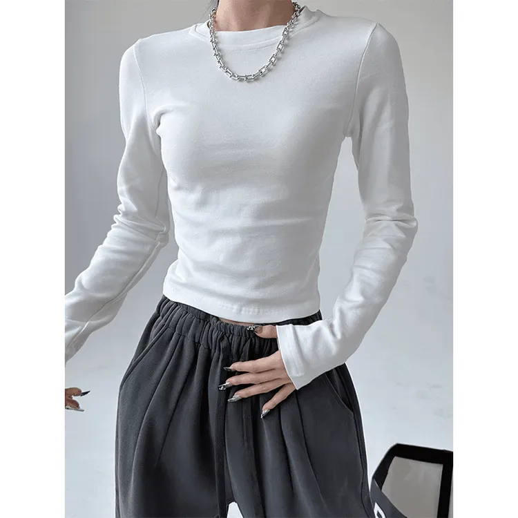 拉夏贝尔秋冬纯色正肩长袖T恤女2025百搭休闲上衣修身显瘦纯欲基