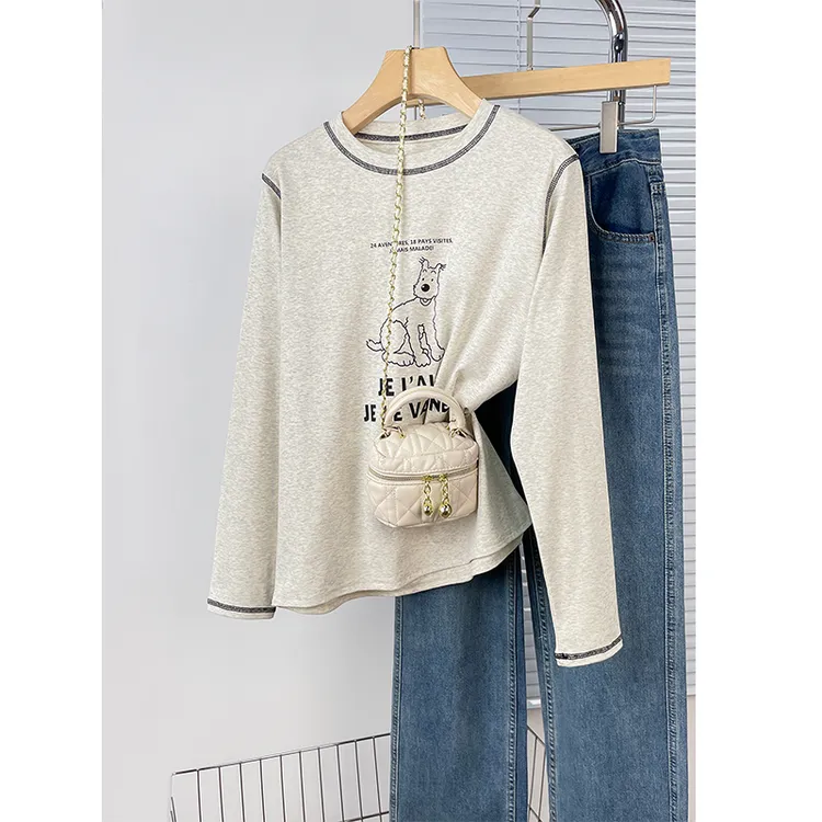 明线设计感长袖打底衫2025韩版宽松百搭上衣服卡通印花女装T恤潮