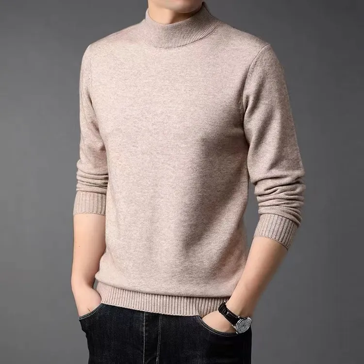 鄂尔多斯市产100%精纺山羊绒男士加厚半高领毛衣中年冬打底羊毛衫