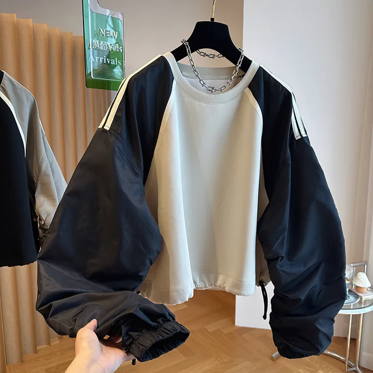 欧货高端大版宽松拼接撞色插肩袖卫衣女春秋美式短款抽绳收腰上衣