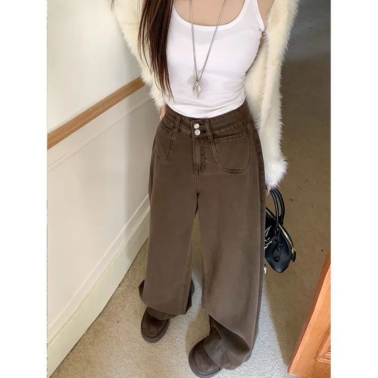 BUMENYLEE大码女装美式复古高腰牛仔裤胖mm显瘦休闲宽松阔腿裤