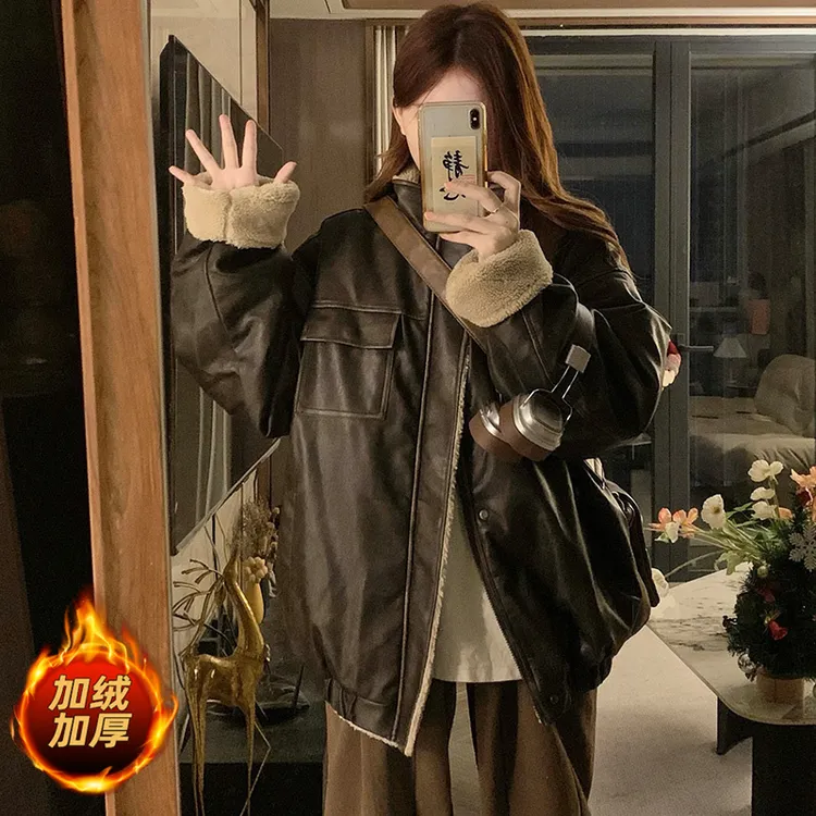 冬季新款日系复古中性美拉德羊羔毛皮衣男女加绒宽松PU皮夹克外套