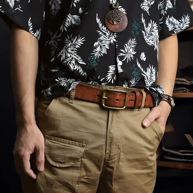 手工阿美咔叽美式复古植鞣牛皮带工装牛仔裤真皮针扣男士铜扣裤带