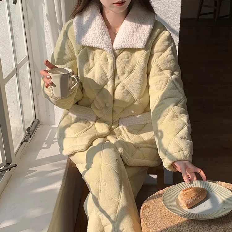 冬季加厚三层夹棉娃娃领睡衣女套装保暖加绒甜美可外穿棉袄家居服